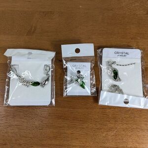 Lot Of‎ 3 Three Crystal Necklace, Bracelet, Earrings Green Matching Jewelry